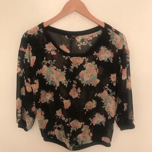 Spring Iris Basic boutique sheer black chic floral blouse